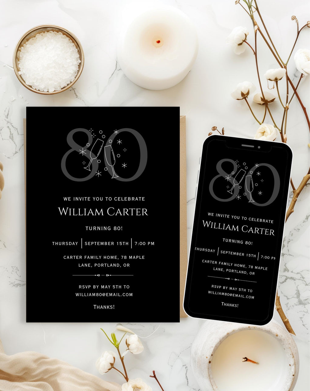 80th Black Silver Elegant Birthday Invitation