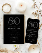 80th Black Silver Elegant Birthday Invitation