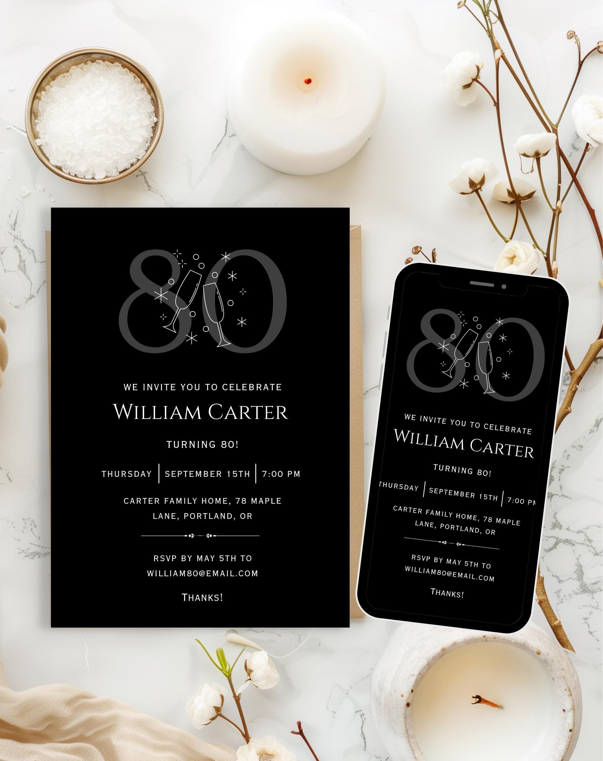 80th Black Silver Elegant Birthday Invitation