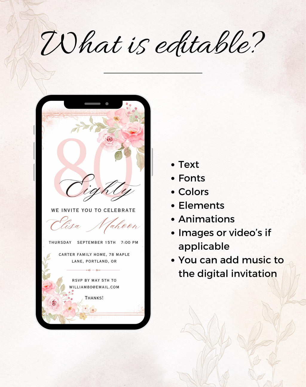 80th Birthday Invitation Pink Floral Elegant Invitation