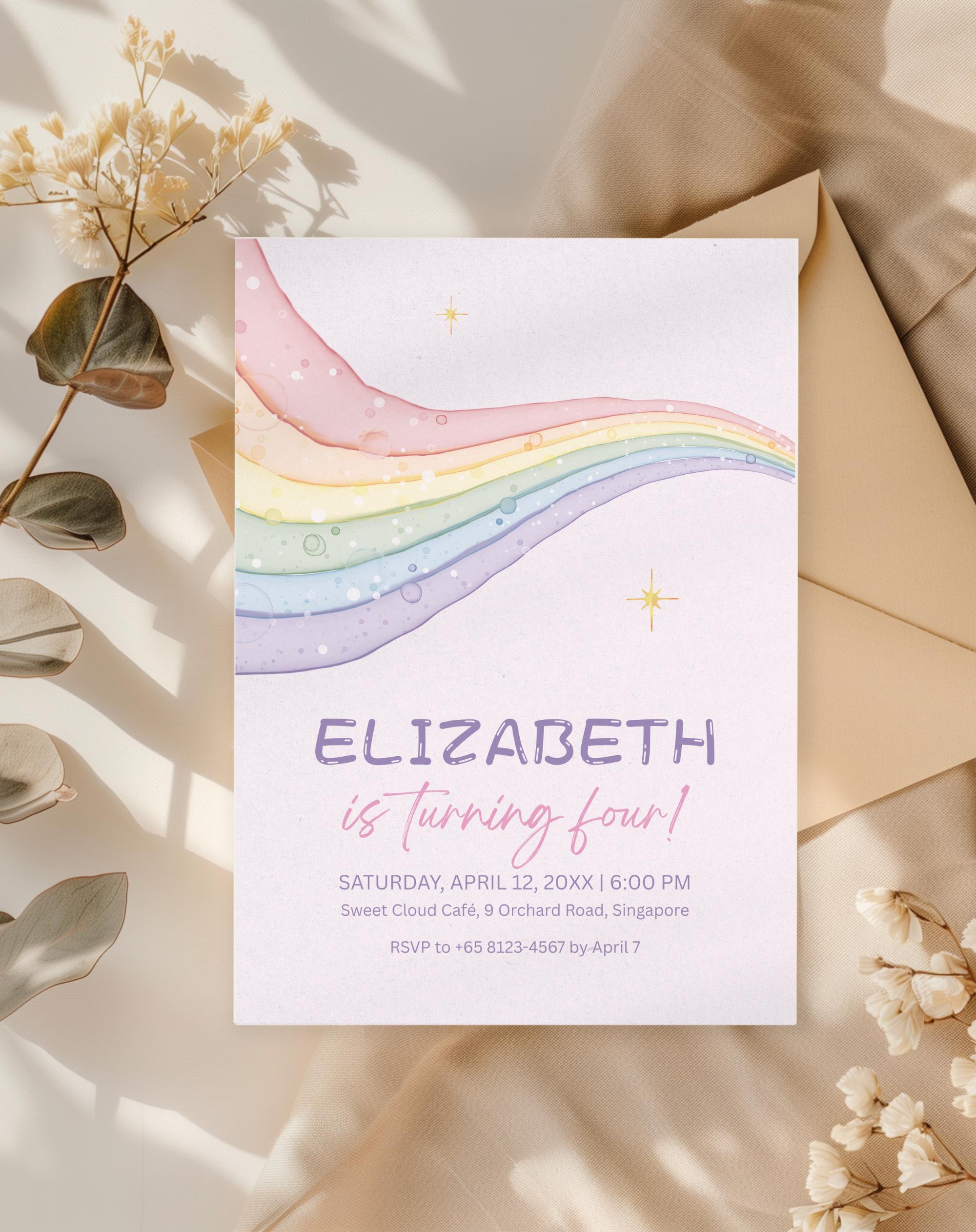 Rainbow Pastel Glitter Birthday Invitation