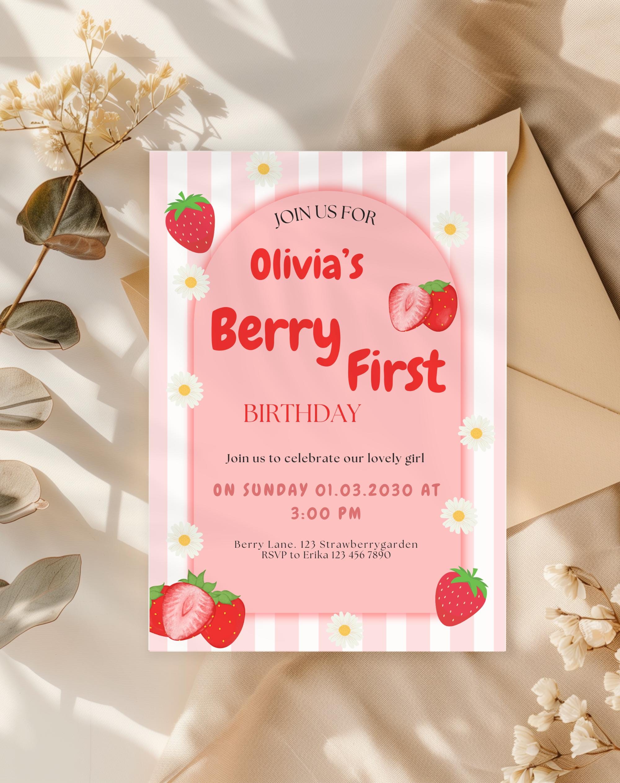 Strawberry Berry First Birthday Invitation
