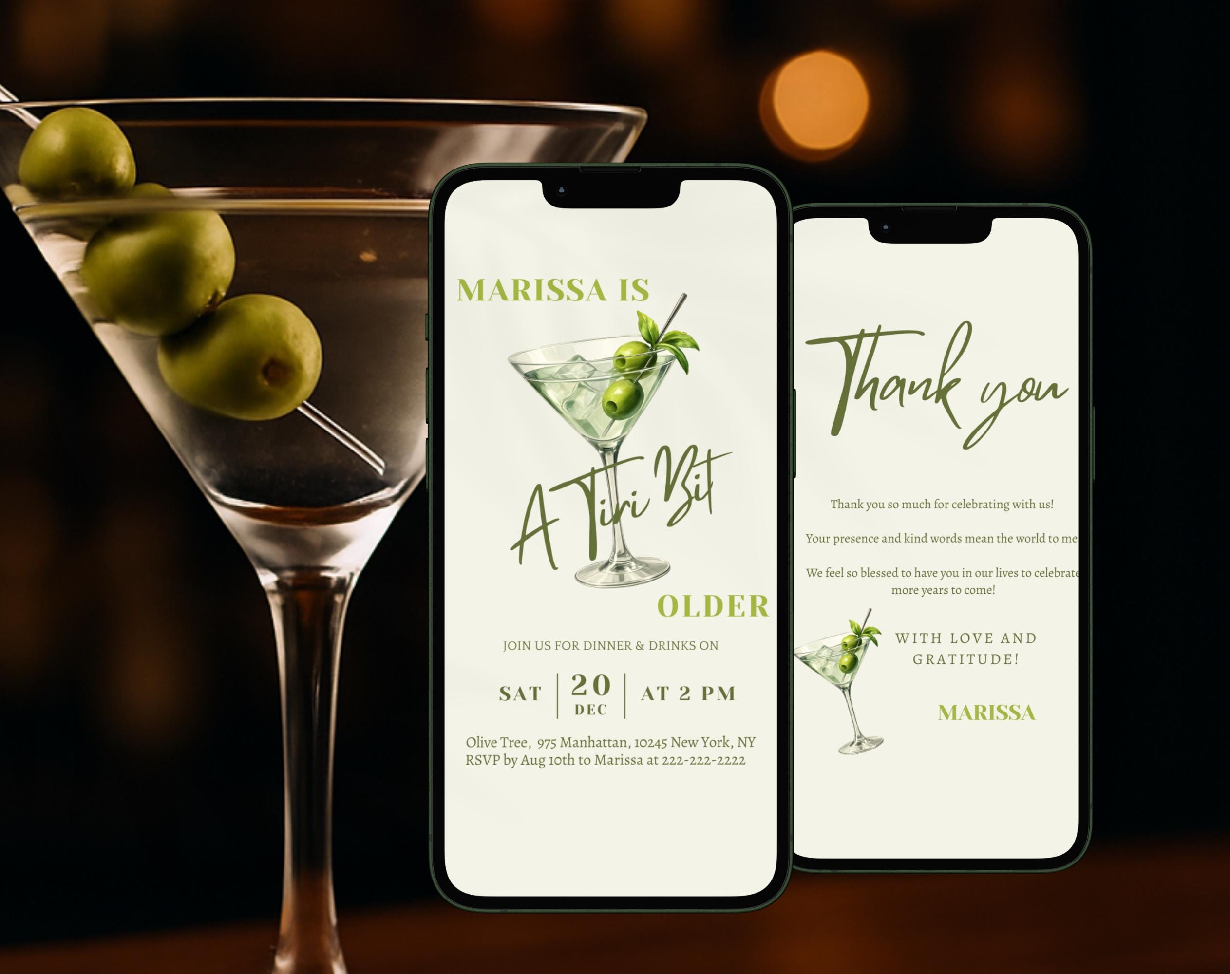 Olive Green Martini Birthday Invitation