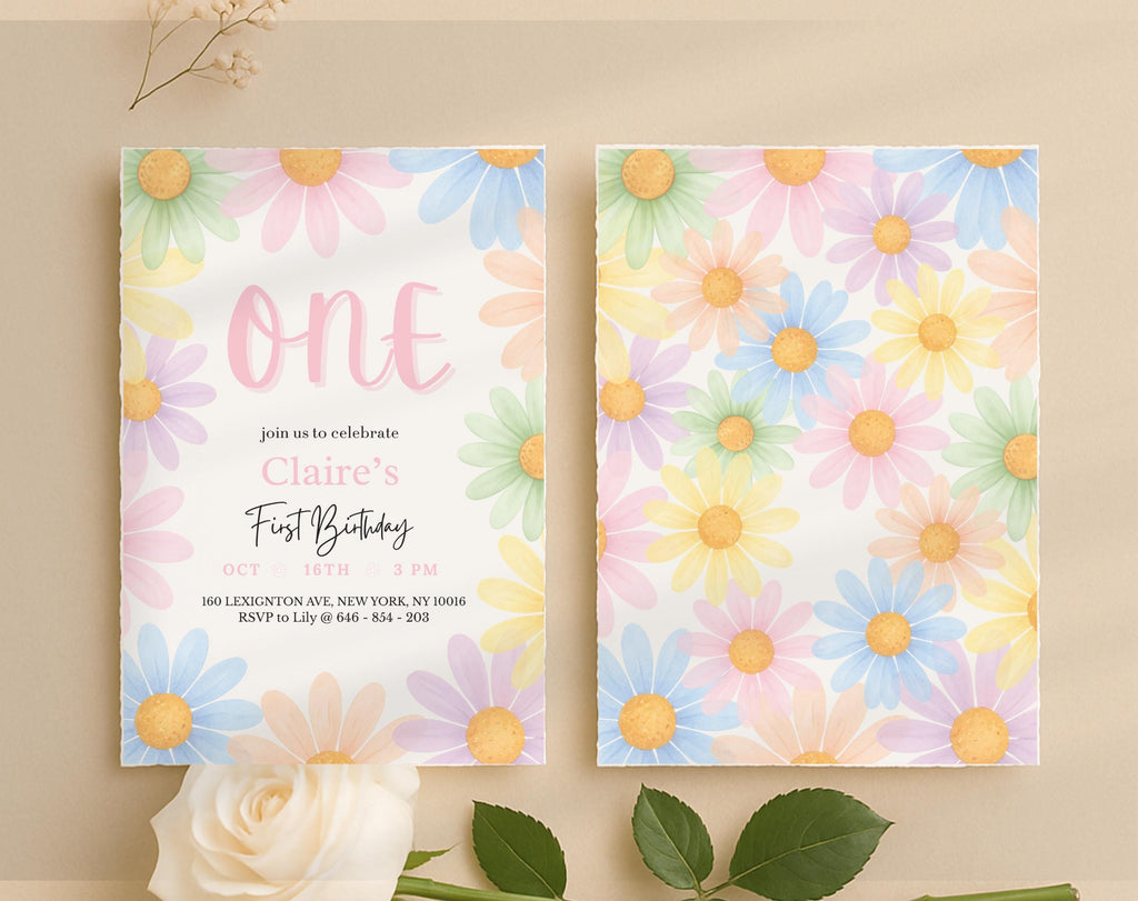 Pastel Floral Daisy First Birthday Invitation