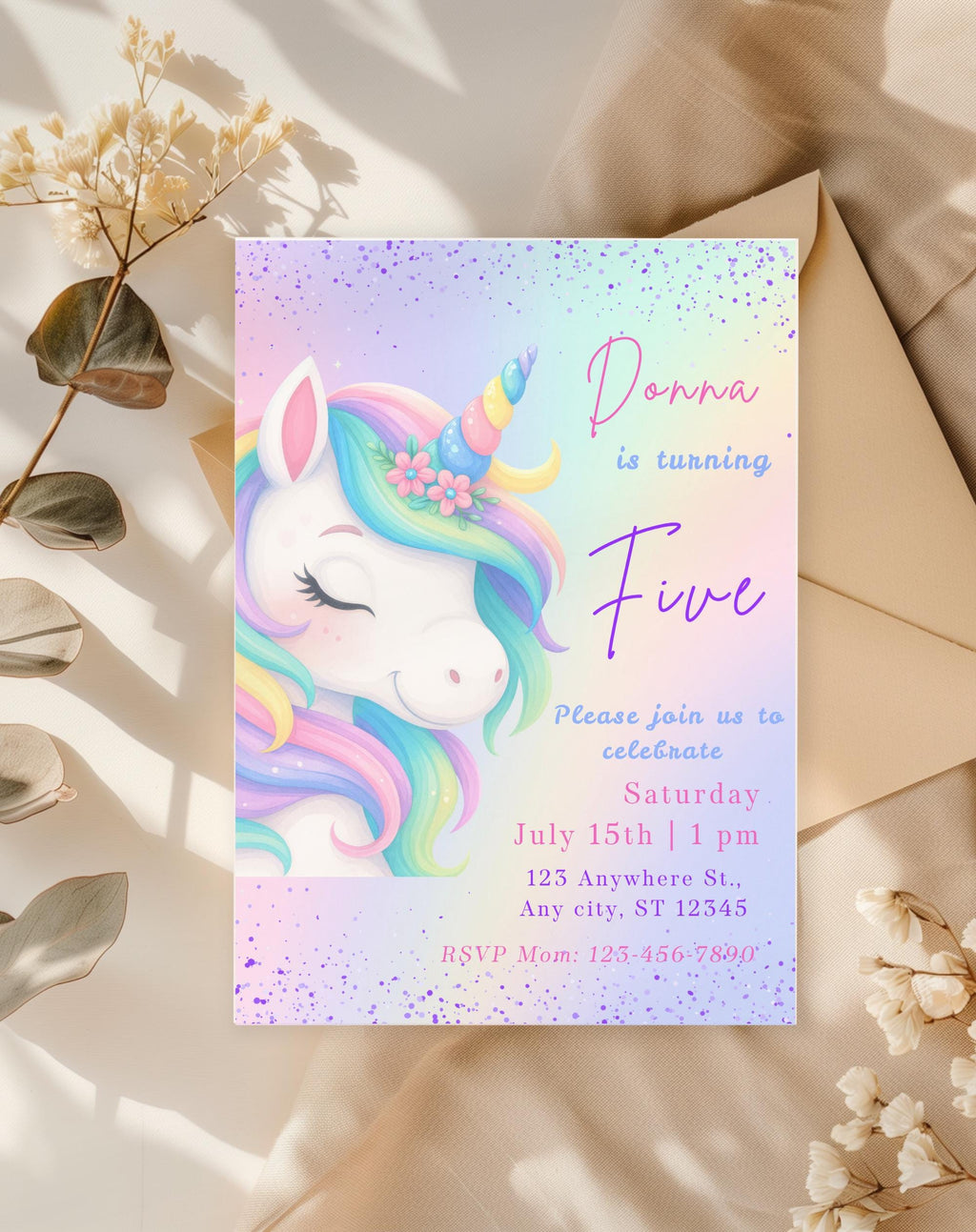 Unicorn Pastel Rainbow Birthday Invitation