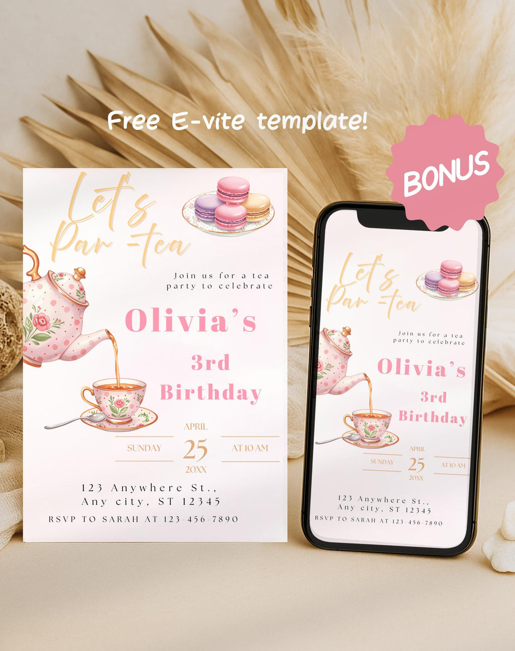 Tea Party Gold/Pink Birthday Invitation