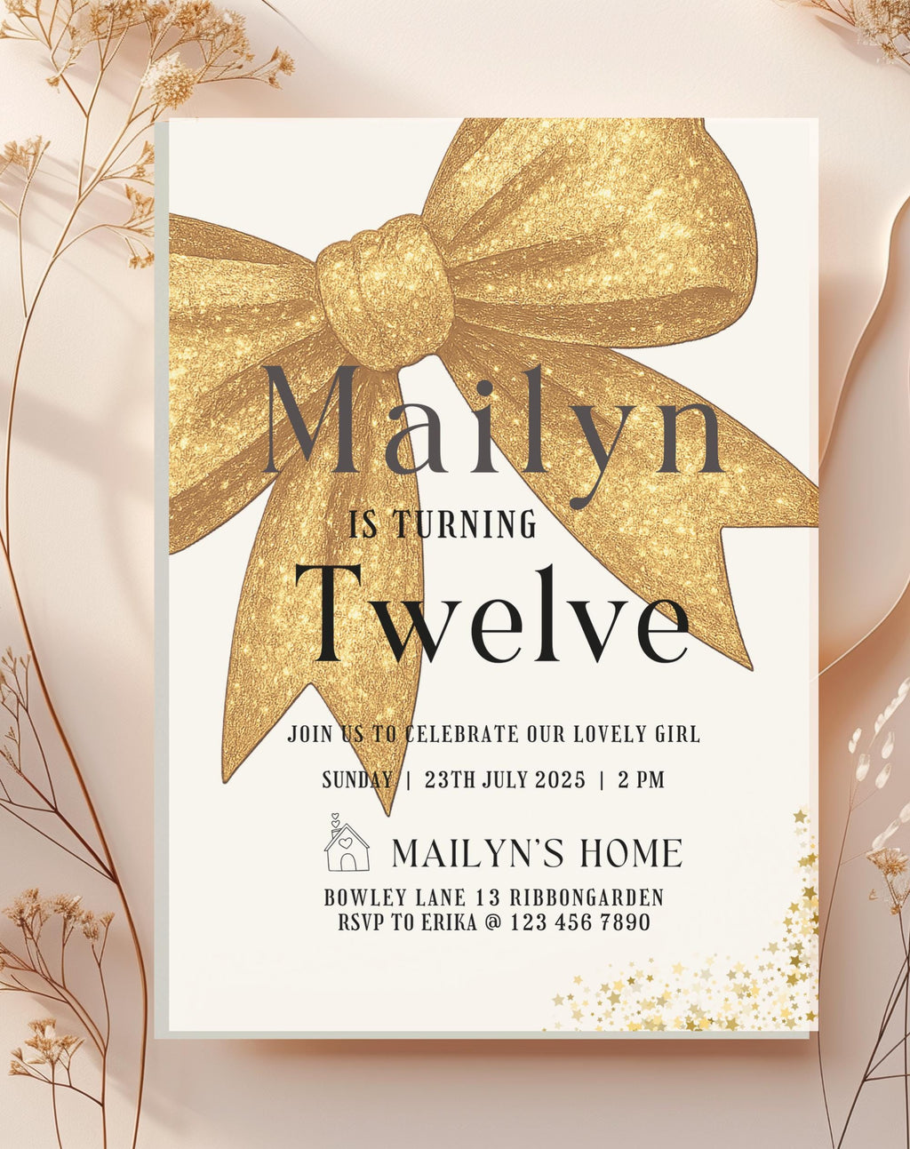 Gold Glitter Bow Birthday Invitation