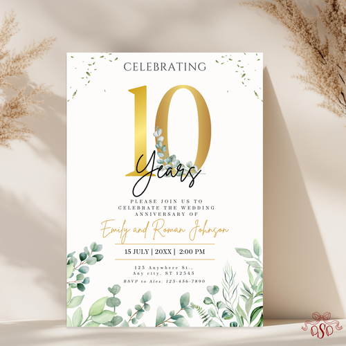 10th Anniversary Invitation Gold With Green Eucalyptus - main design preview