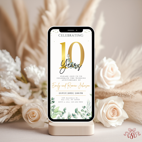 10th Anniversary Invitation Gold With Green Eucalyptus - editable Canva template gallery image