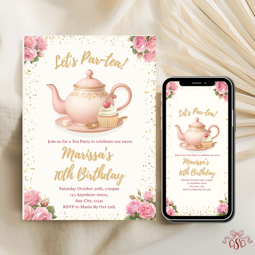 10th Pink Floral Tea Party Birthday Invitation - editable Canva template gallery image