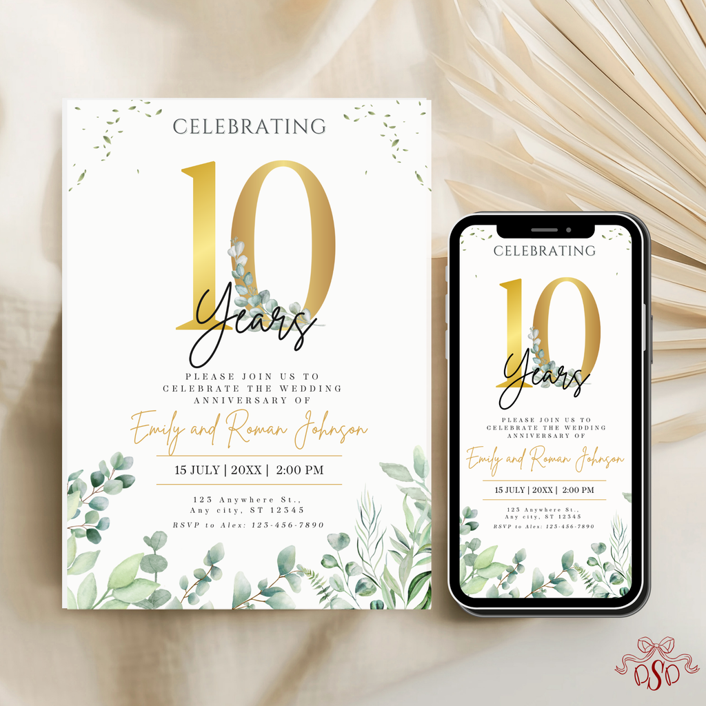 10th Anniversary Invitation Gold With Green Eucalyptus