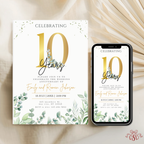 10th Anniversary Invitation Gold With Green Eucalyptus