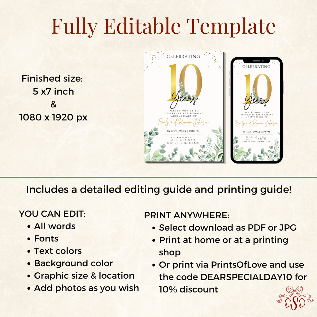 10th Anniversary Invitation Gold With Green Eucalyptus