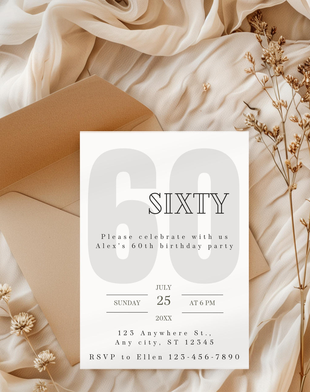 60th Black and White Birthday Invitation