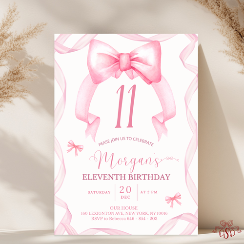 11th Pink Bow Soft Blush Birthday Invitation - main design preview