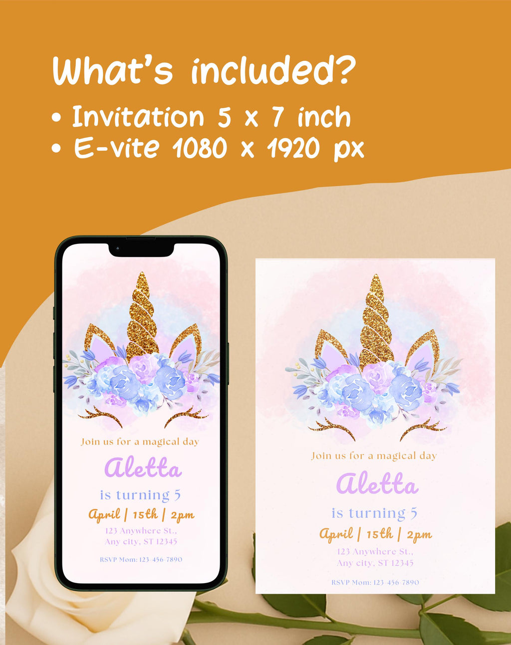Gold Glitter Unicorn Birthday Invitation