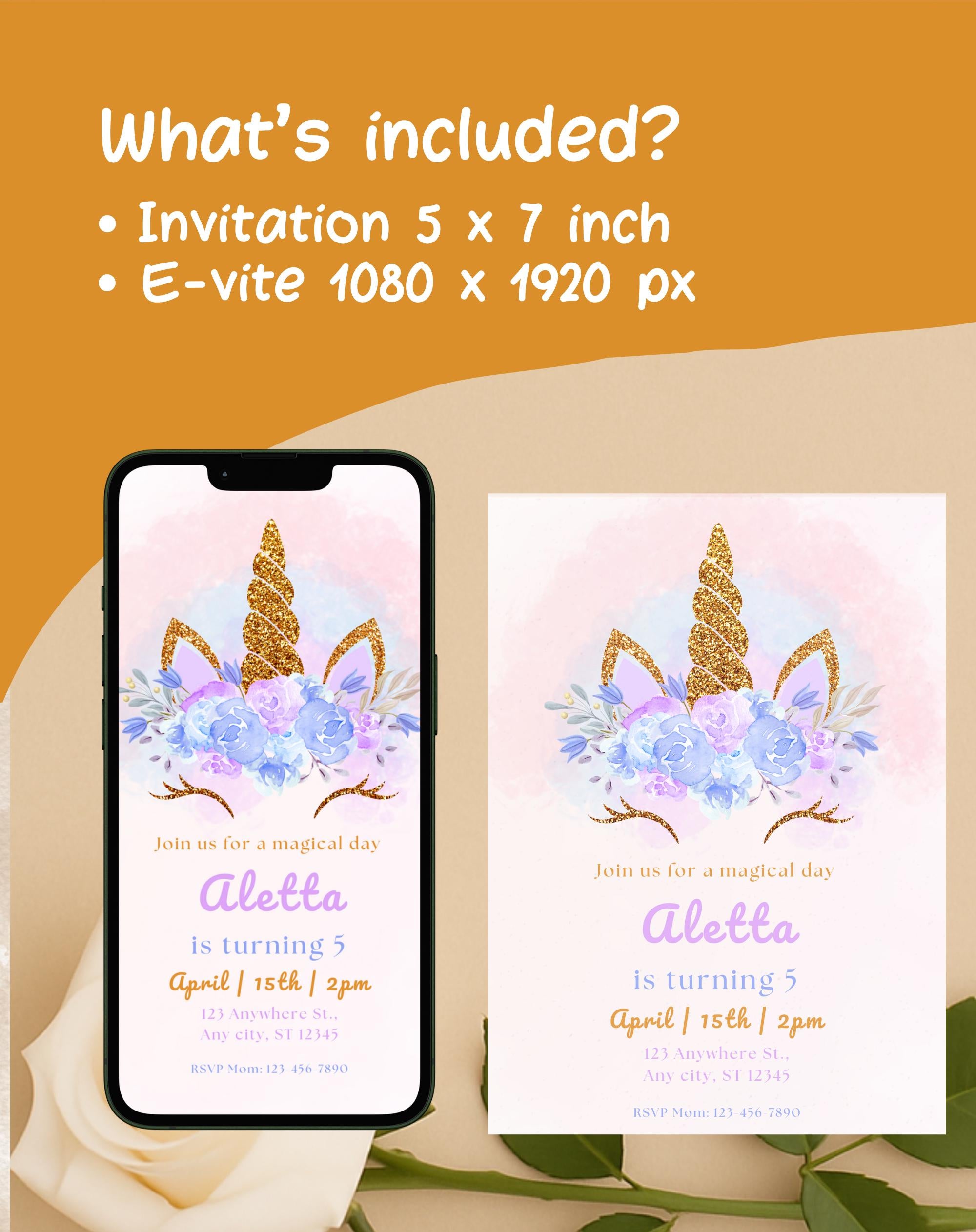 Gold Glitter Unicorn Birthday Invitation