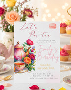 Tea Party Watercolor Floral Macaron Birthday Invitation