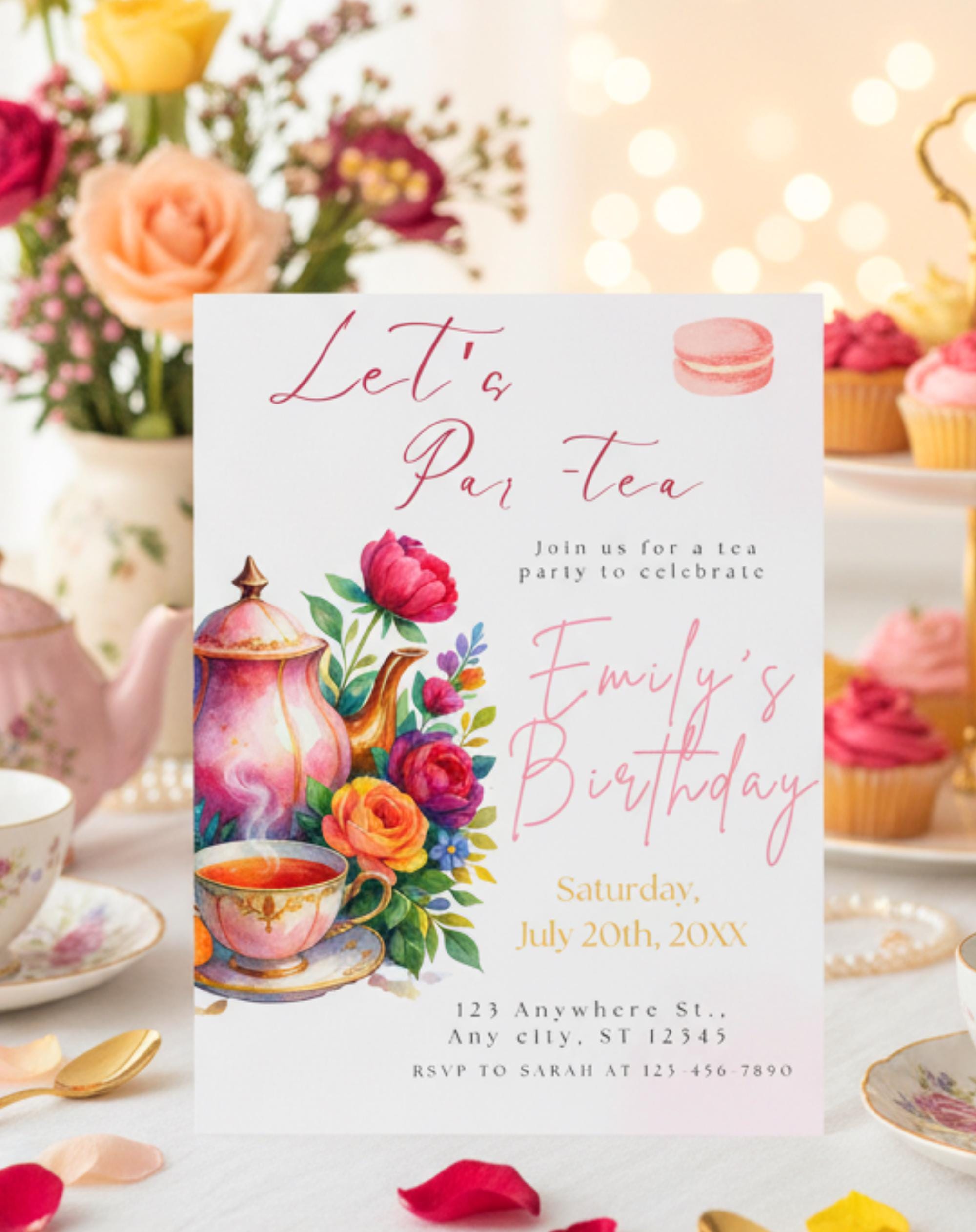 Tea Party Watercolor Floral Macaron Birthday Invitation