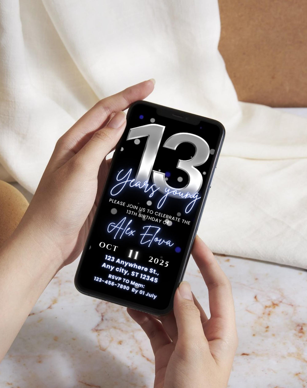 13th Birthday Silver Blue Invitation E-vite - styled mockup
