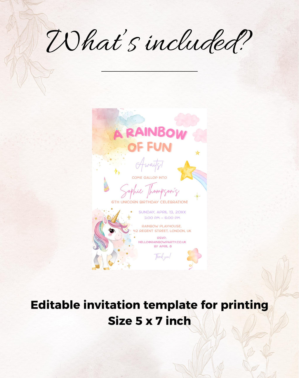 Unicorn Rainbow Birthday Invitation