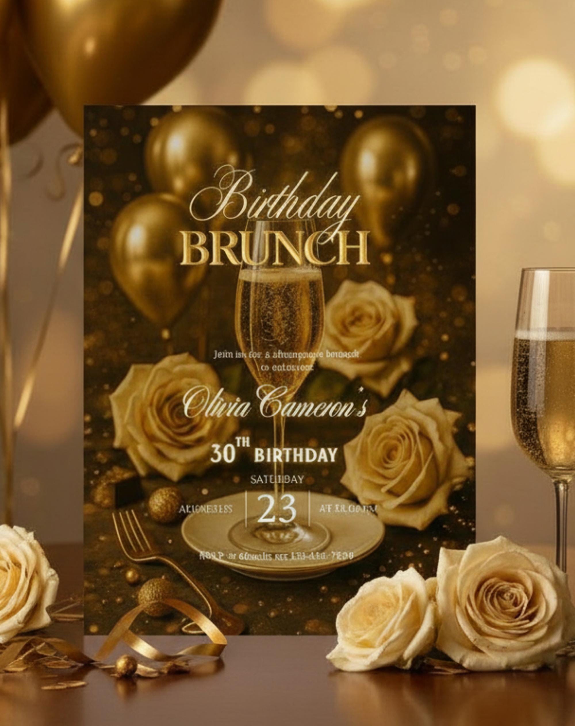 Birthday Champagne Brunch Gold/Black Neon Invitation