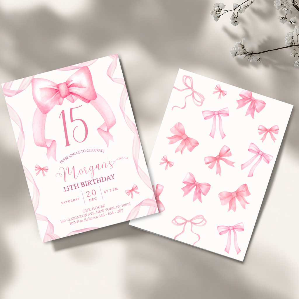 15th Pink Bow Soft Blush Birthday Invitation - editable Canva template gallery image