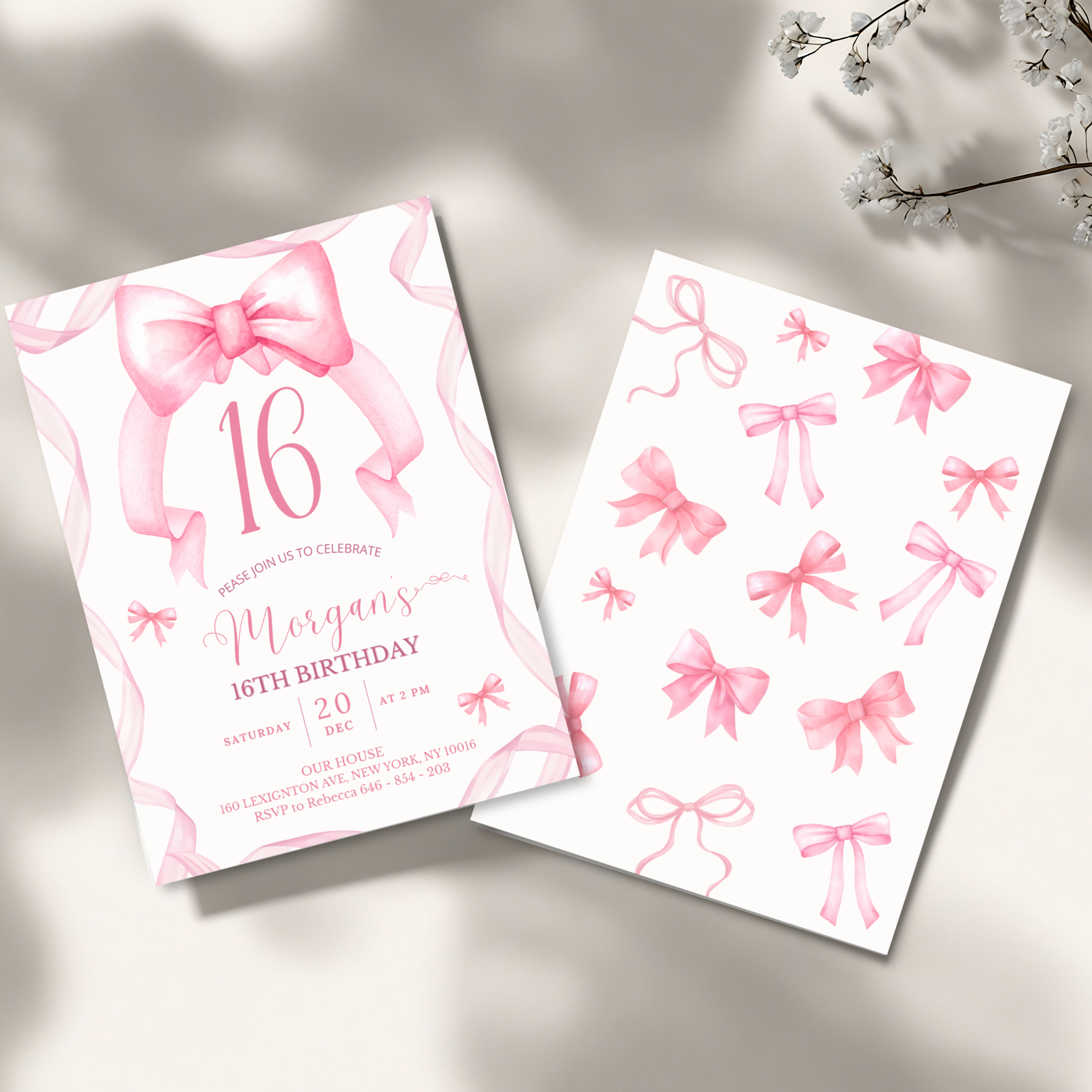16th Pink Bow Soft Blush Birthday Invitation - editable Canva template gallery image