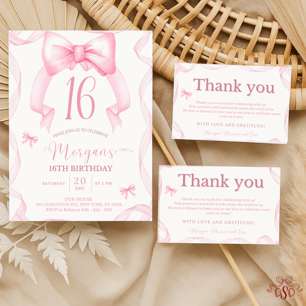 16th Pink Bow Soft Blush Birthday Invitation - styled invitation mockup