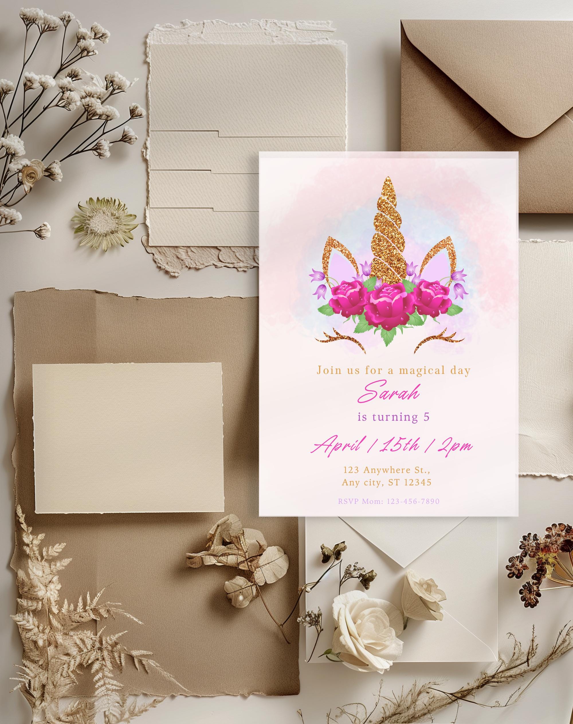 Unicorn Pink Gold Floral Birthday Invitation