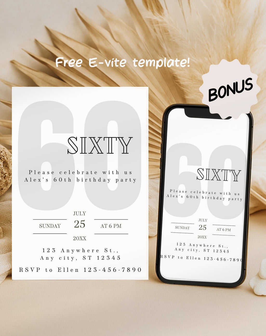 60th Black and White Birthday Invitation