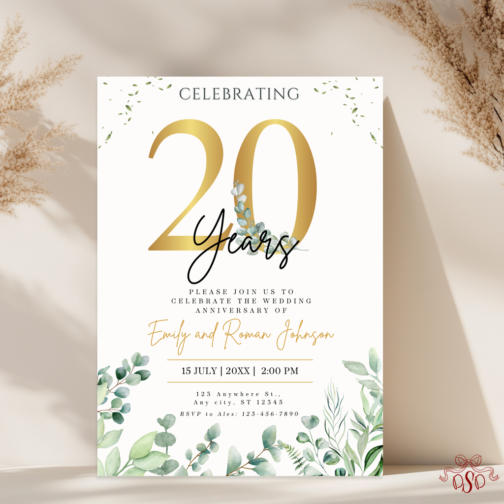 20th Anniversary Invitation Gold Green Eucalyptus