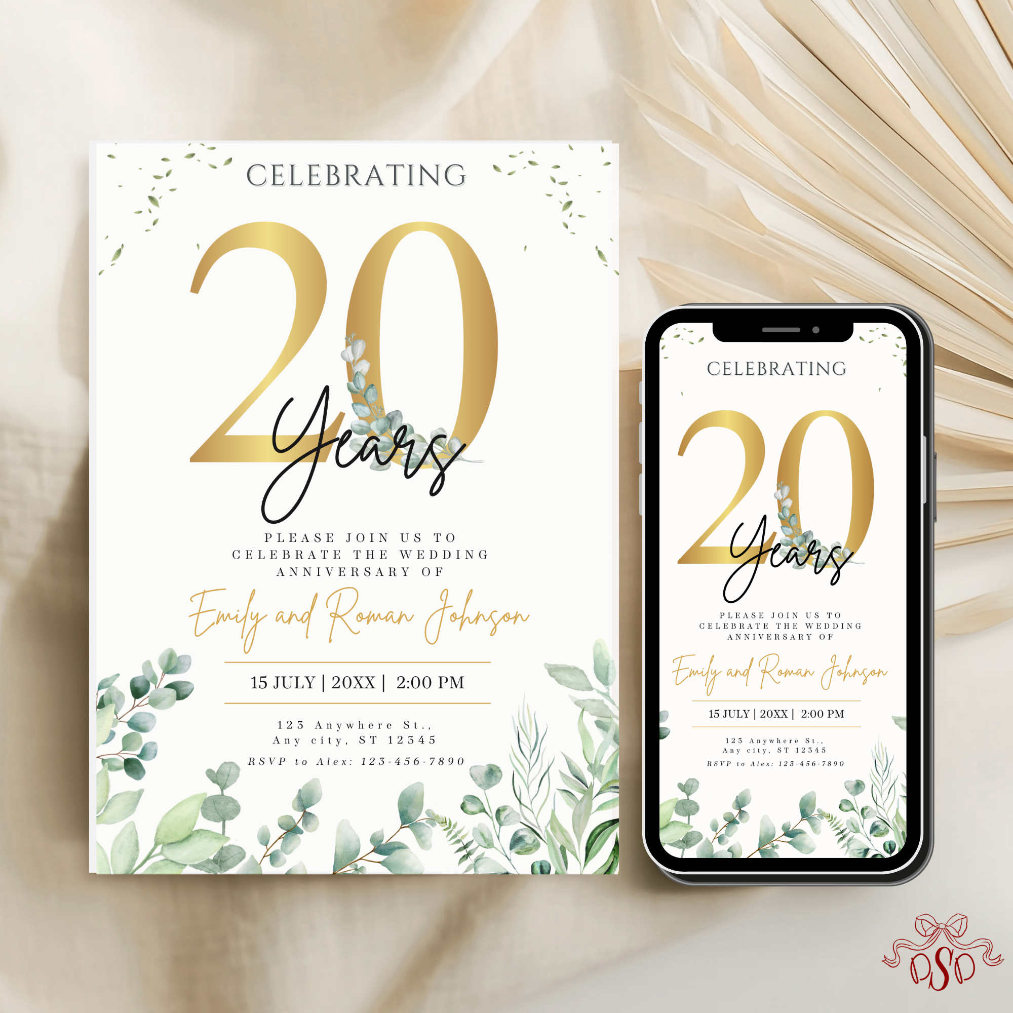 20th Anniversary Invitation Gold Green Eucalyptus