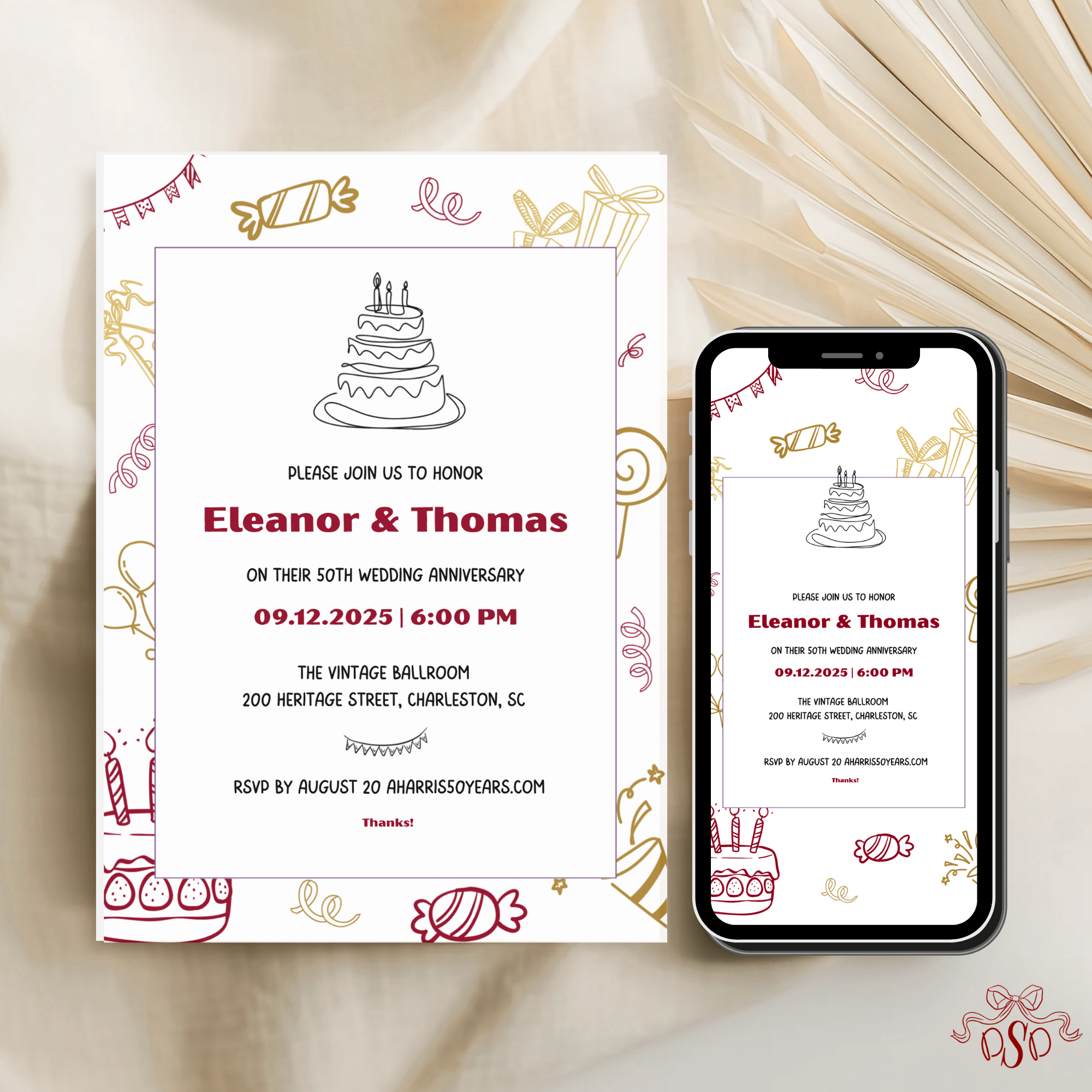 Festive 50th Anniversary Invitation Gold Burgundy