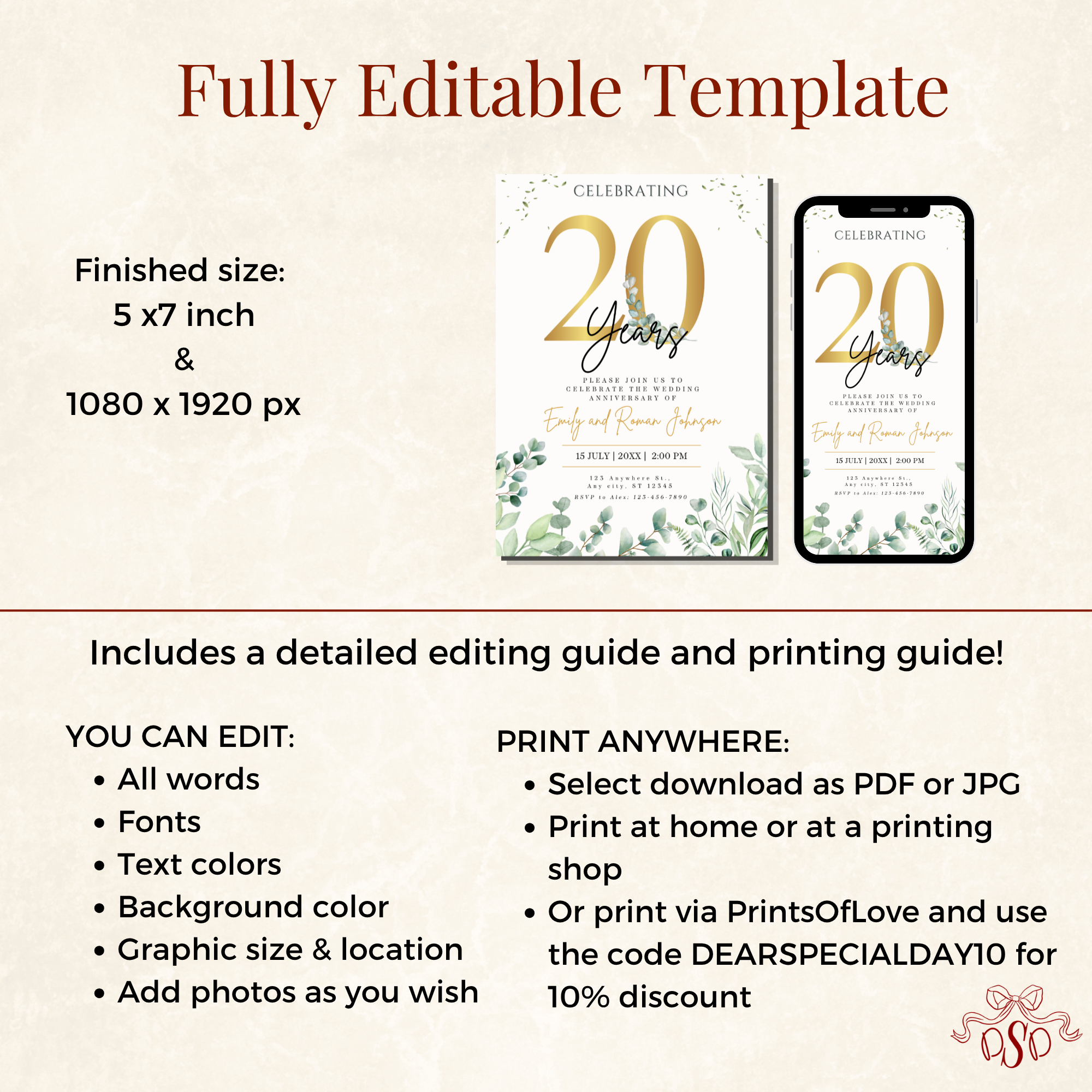 20th Anniversary Invitation Gold Green Eucalyptus
