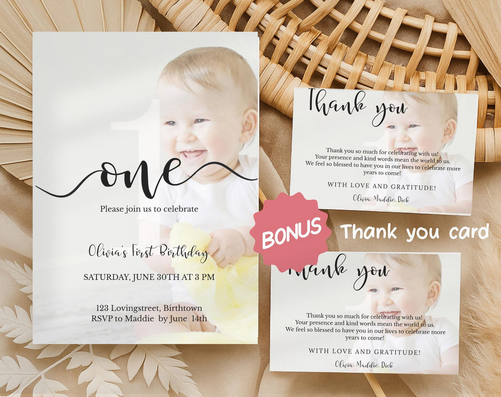 Minimal Photo First Birthday Invitation