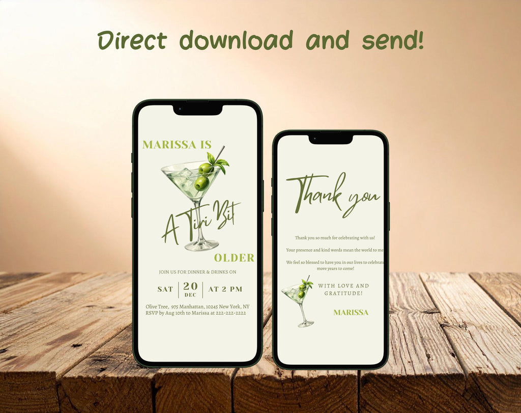 Olive Green Martini Birthday Invitation