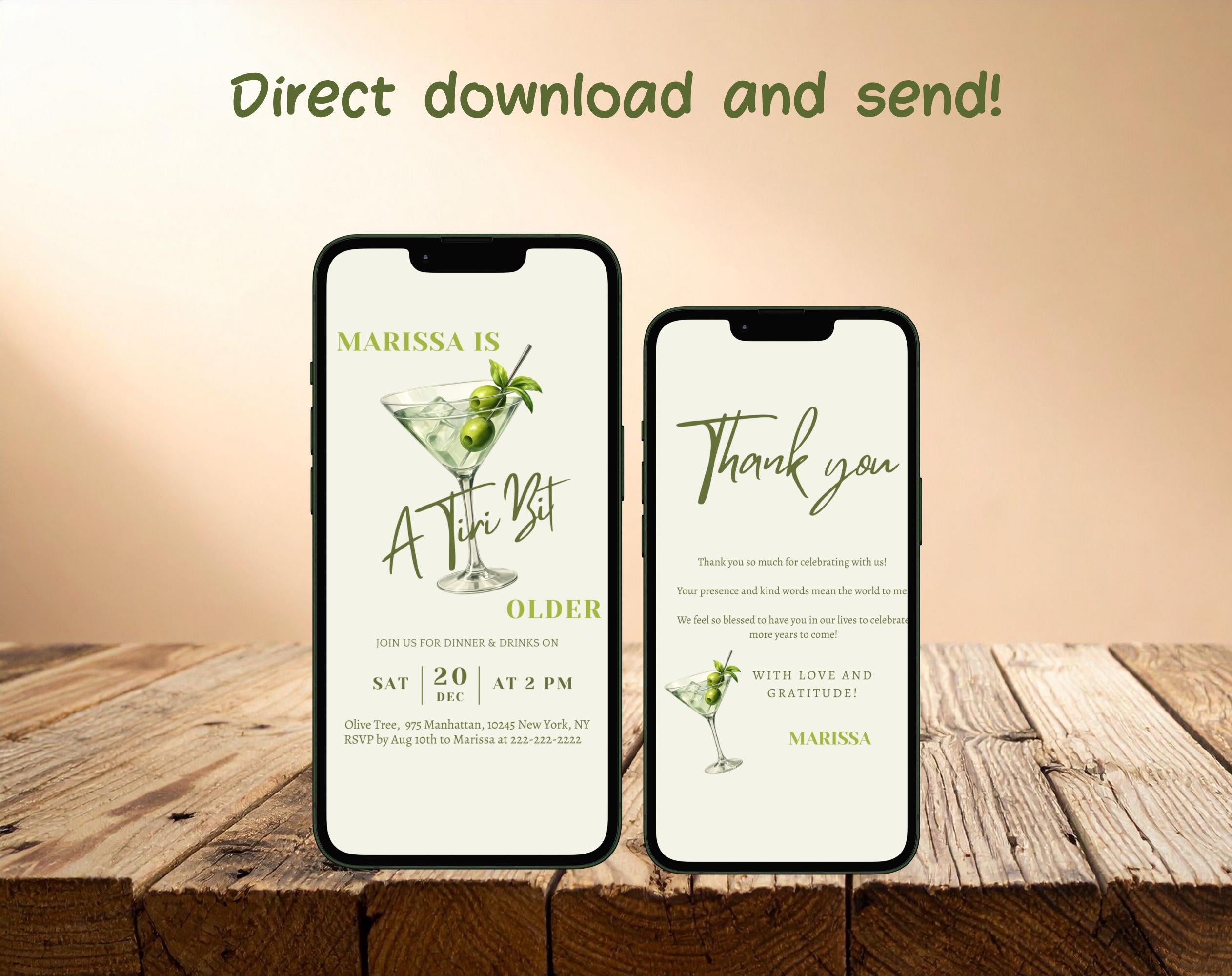 Olive Green Martini Birthday Invitation