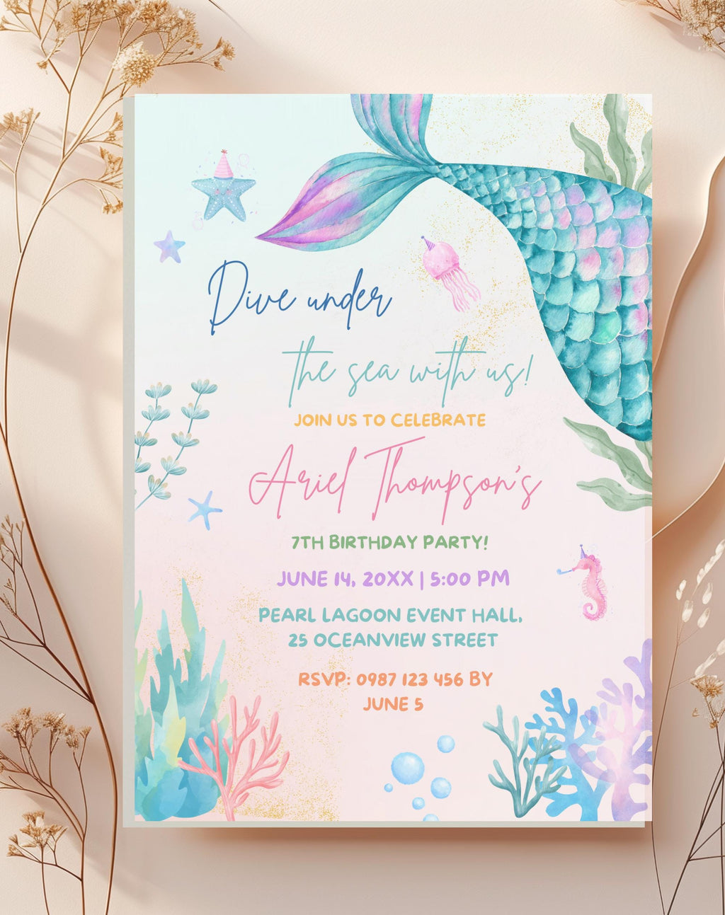 Pastel Mermaid Tail Birthday Invitation