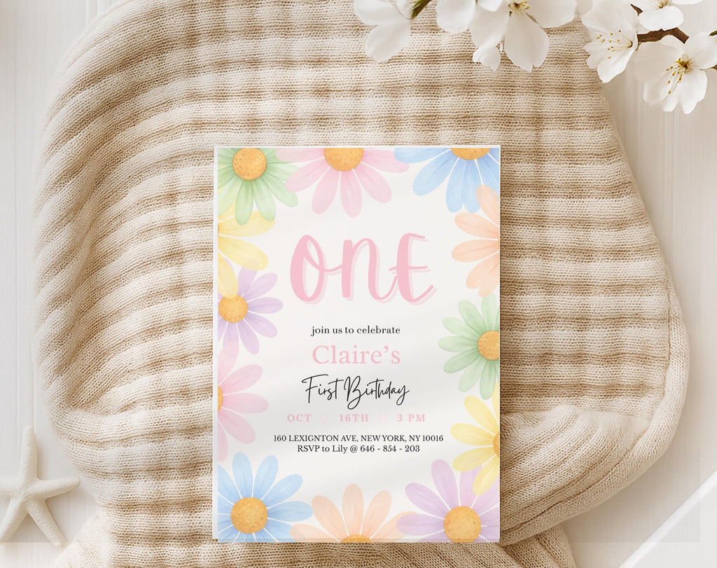 Pastel Floral Daisy First Birthday Invitation
