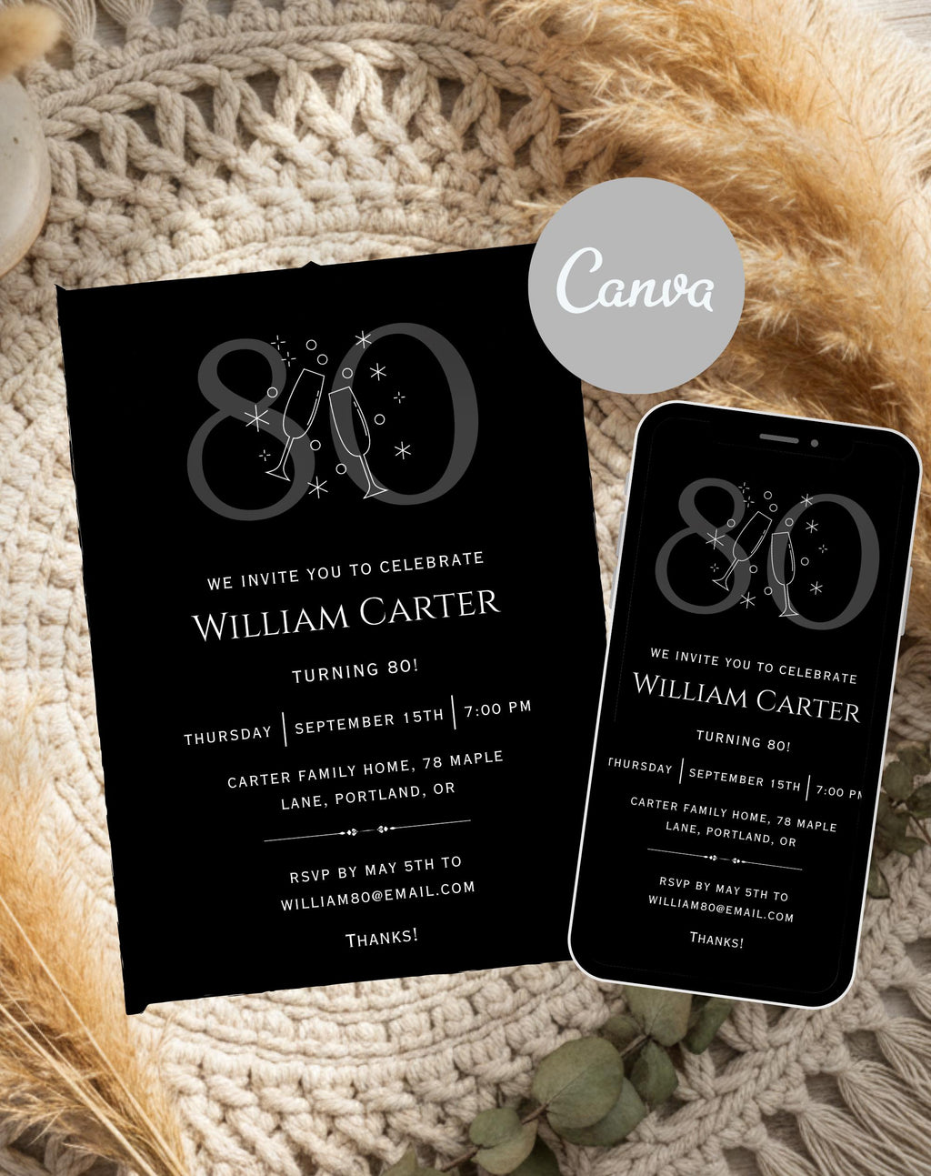 80th Black Silver Elegant Birthday Invitation