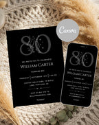 80th Black Silver Elegant Birthday Invitation