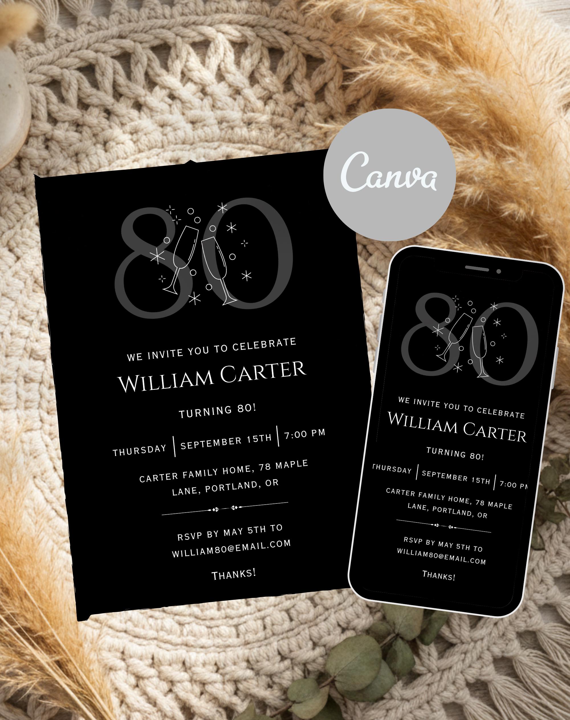 80th Black Silver Elegant Birthday Invitation