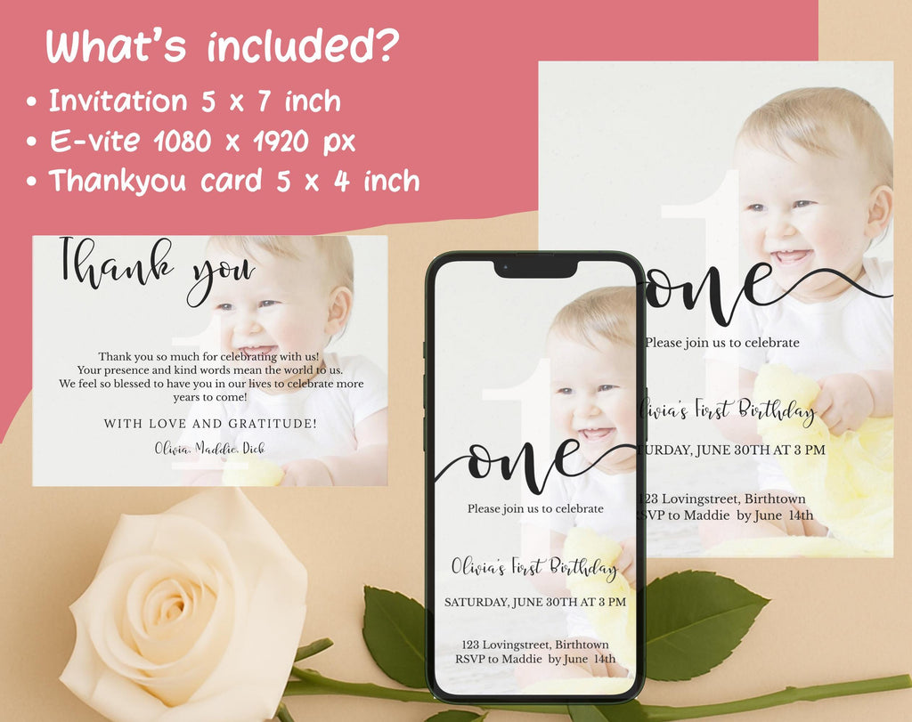 Minimal Photo First Birthday Invitation