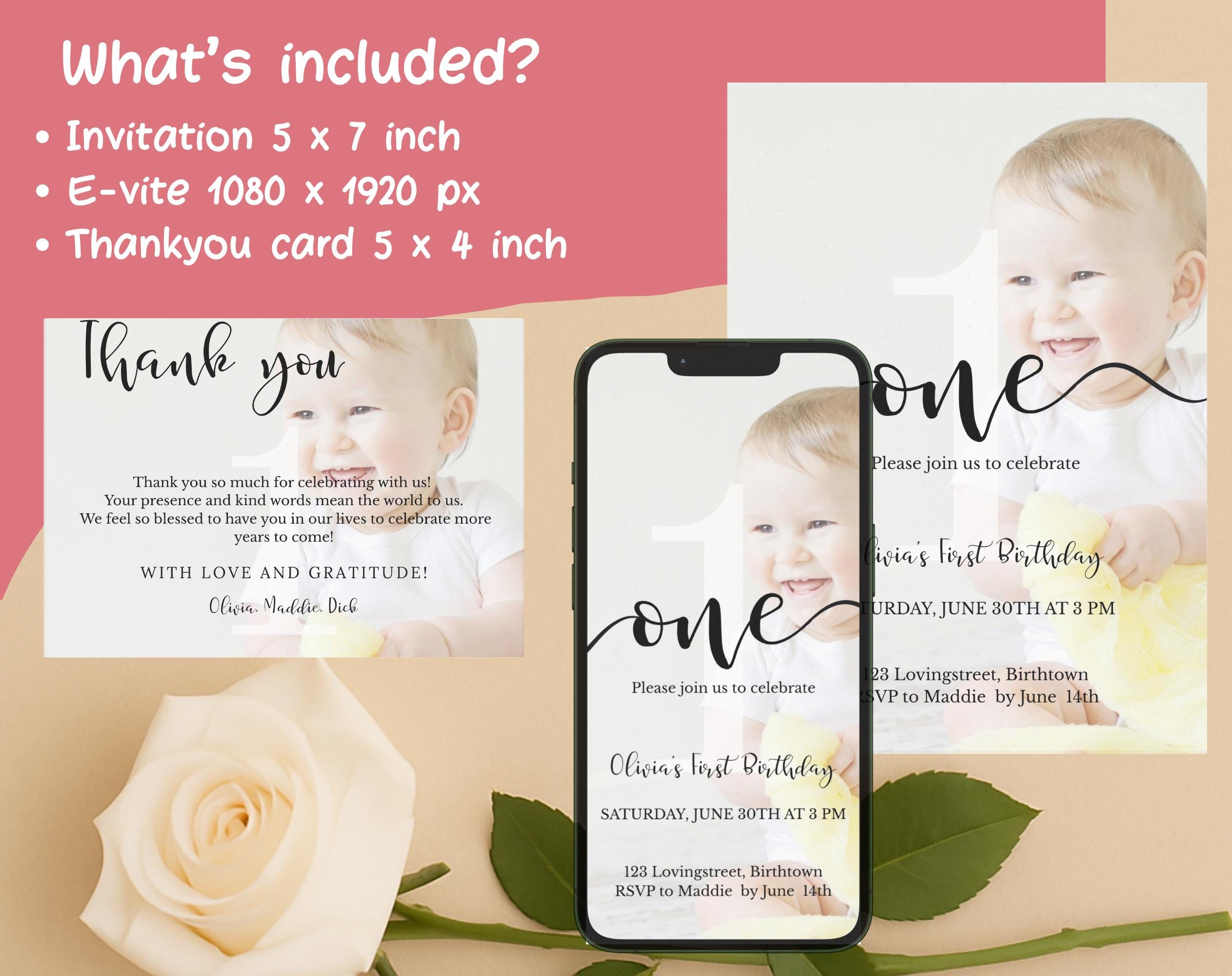 Minimal Photo First Birthday Invitation