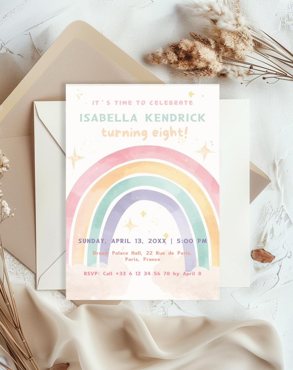 Rainbow Soft Pastel  Birthday Invitation