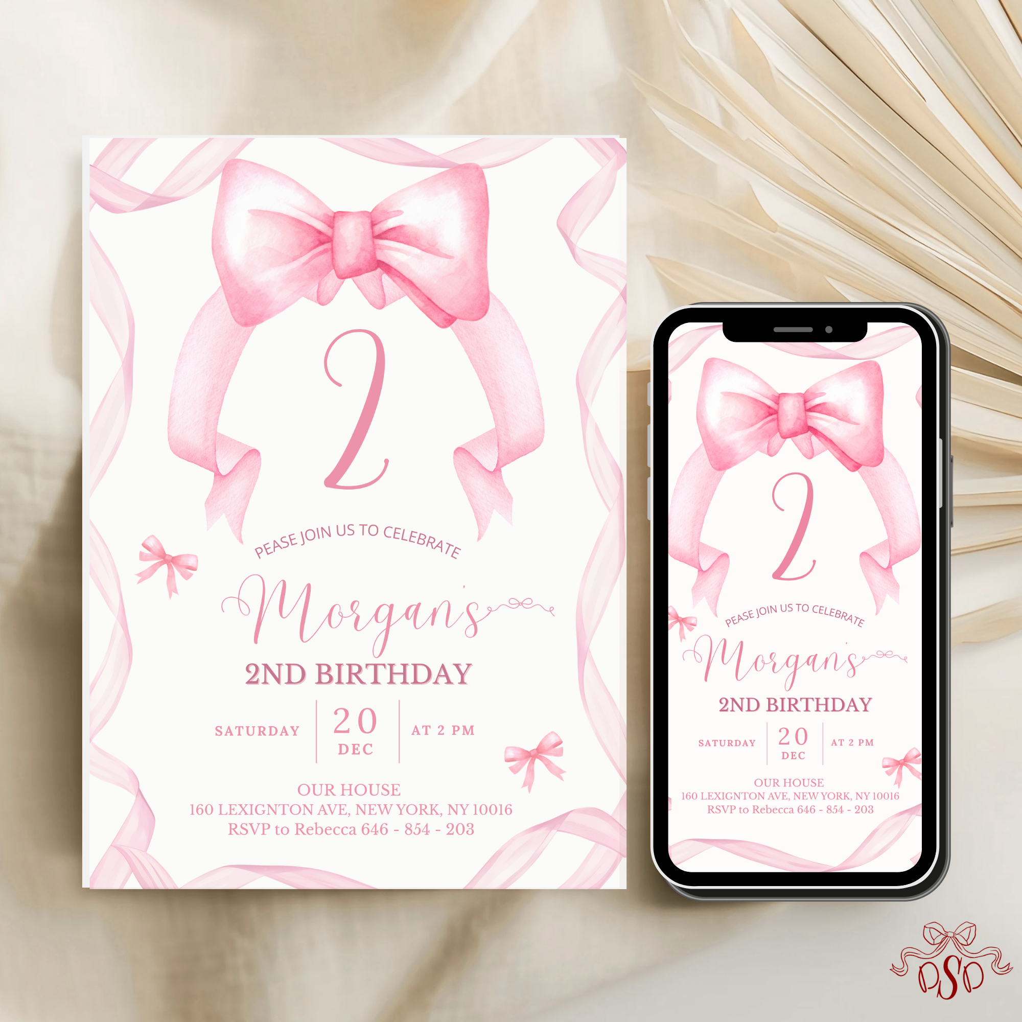 2nd Pink Bow Soft Blush Birthday Invitation - printable invite design detail