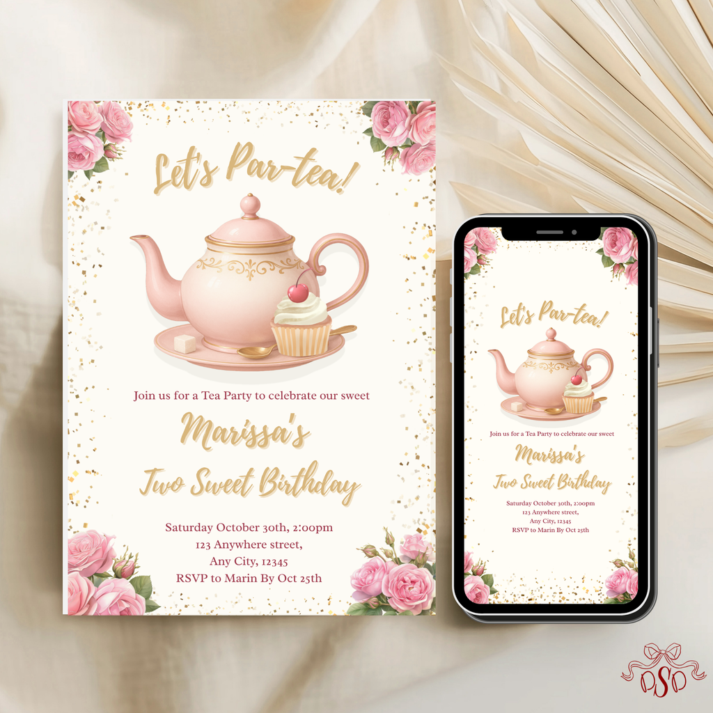 2nd Pink Floral Tea Party Birthday Invitation - editable Canva template gallery image
