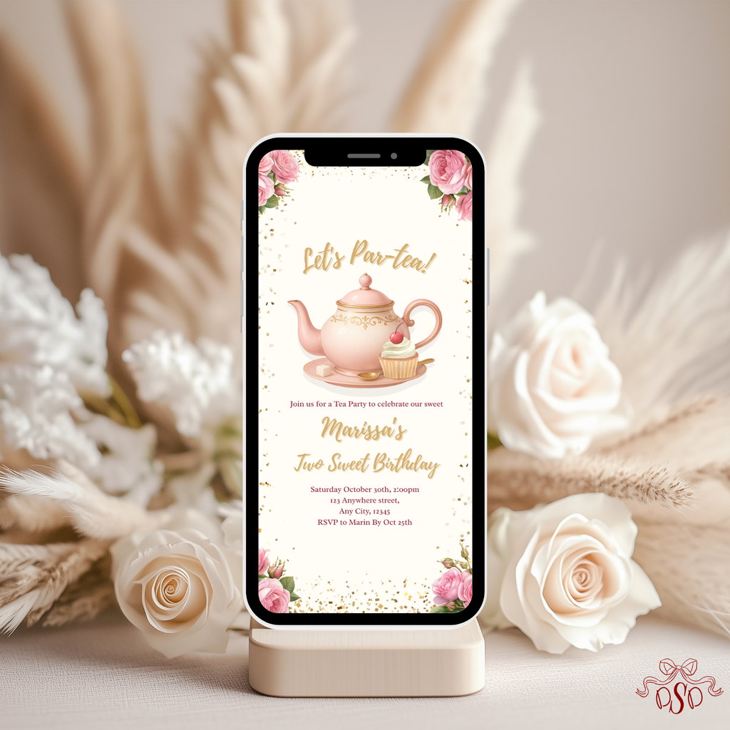 2nd Pink Floral Tea Party Birthday Invitation - printable invite design detail
