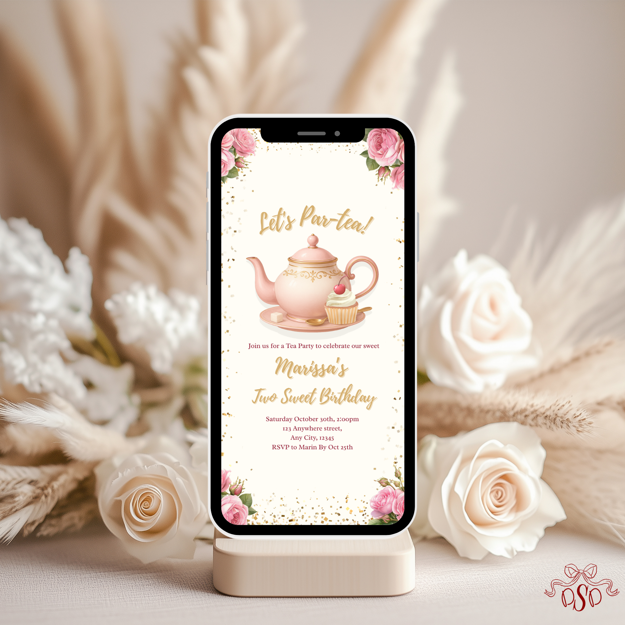 2nd Pink Floral Tea Party Birthday Invitation - printable invite design detail